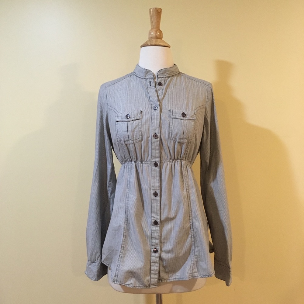 Mock Collar Rolled Sleeve Side Slit Pinstripe Top